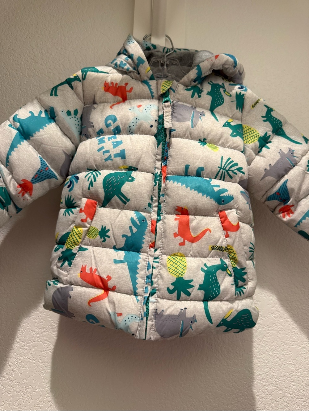 Kids Light Gray Puffer Jacket with Colorful Dinosaur Print